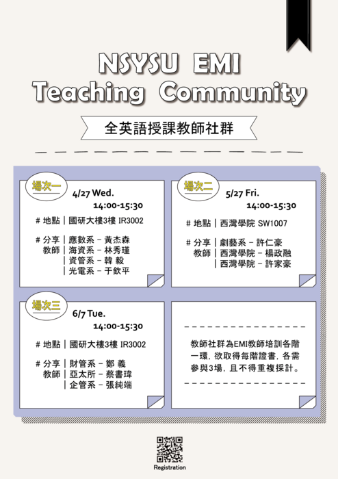 【雙語教學推動辦公室】轉發國立中山大學111年5月27日(五)、6月7日(二)舉辦「110學年度第二學期-教 師社群-全英語授課經驗分享」系列活動，鼓勵教師踴躍報名。圖片